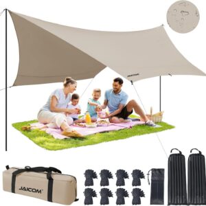 Camping Tarp, 14 X 12FT Tarp with 2 Poles, Waterproof & Lightweight Tent Tarp Car Awning, UV UPF50+ Rain Fly Sun Shelter Can Used with Hammock in Outdoor, Garden and Backpacking