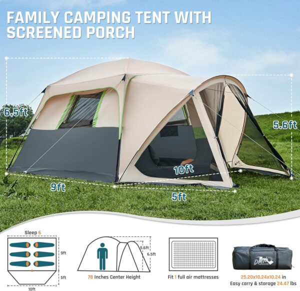 Tents for Camping 6/10 Person Camping Tent with Screen Porch, Weatherproof Large Cabin Tent with Rainfly and Carry Bag, Family Tent for Outdoor Camping and Backyard